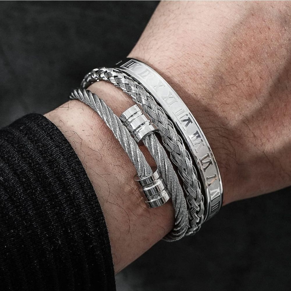 Eye Candy Dylan 3PC Bangle Braided Titanium Steel Roman Numeral‎ Braclet